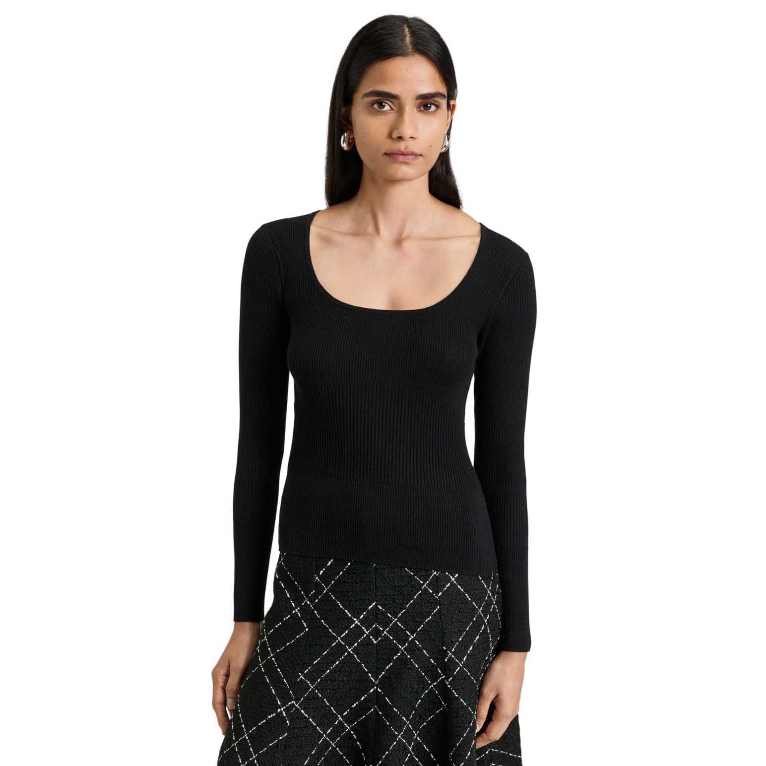 Veronika Maine Cotton Silk Blend Scoop Neck Ribbed Knit Top